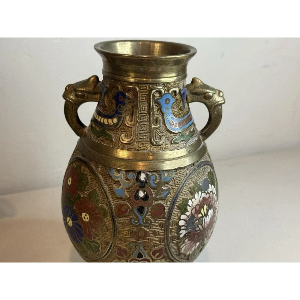 Vintage Japanese Champleve Enamel Brass Bronze Vase Urn Dragon Handle Antique